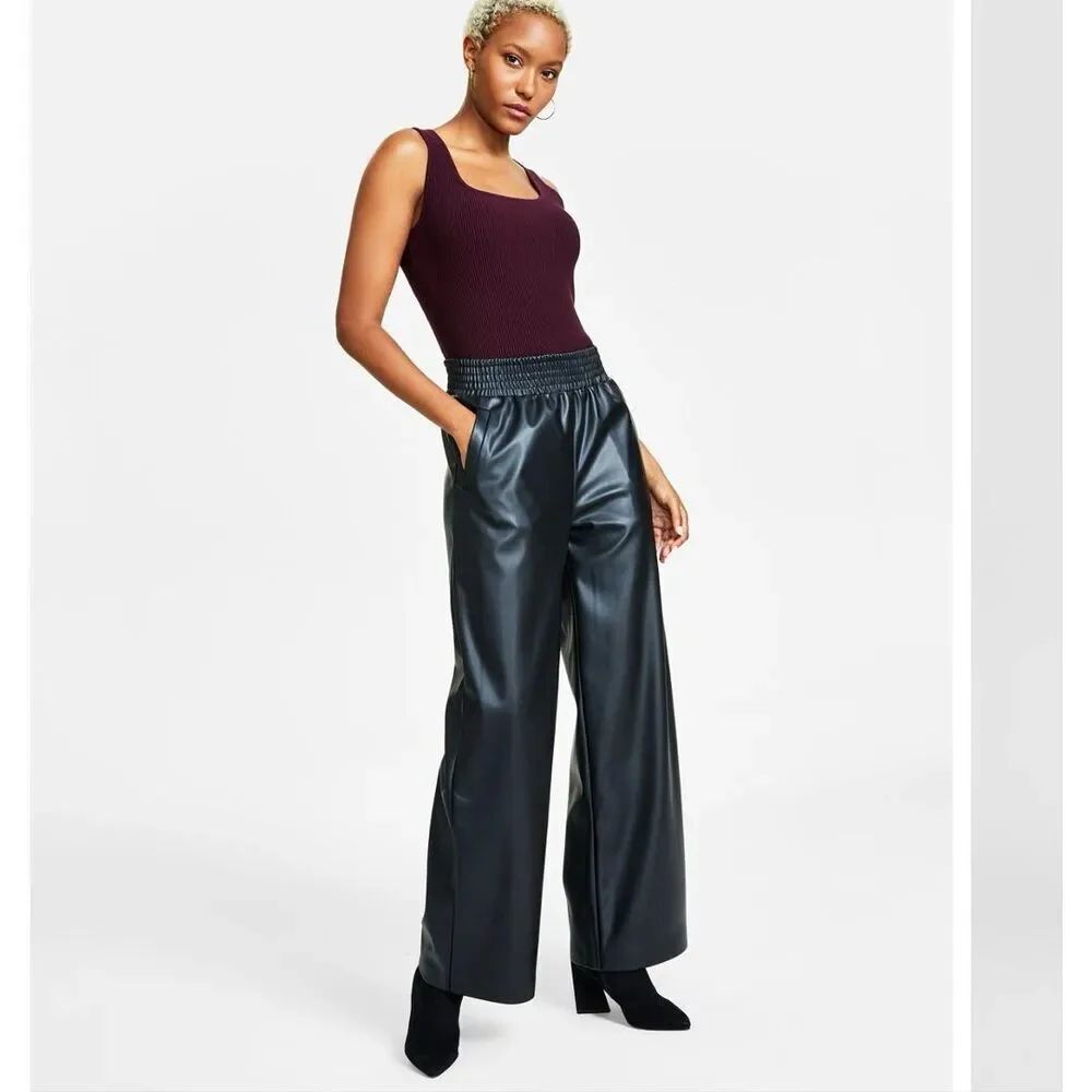 Bar III Faux-Leather Wide-Leg pull on Pants black size S